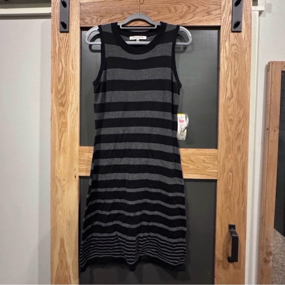 Evan Picone Black Gray Striped Sleeveless Midi Dress Size M NWT